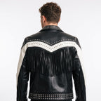 Handmade Western Fringe Leather Jacket: Studded Cowboy Biker Coat