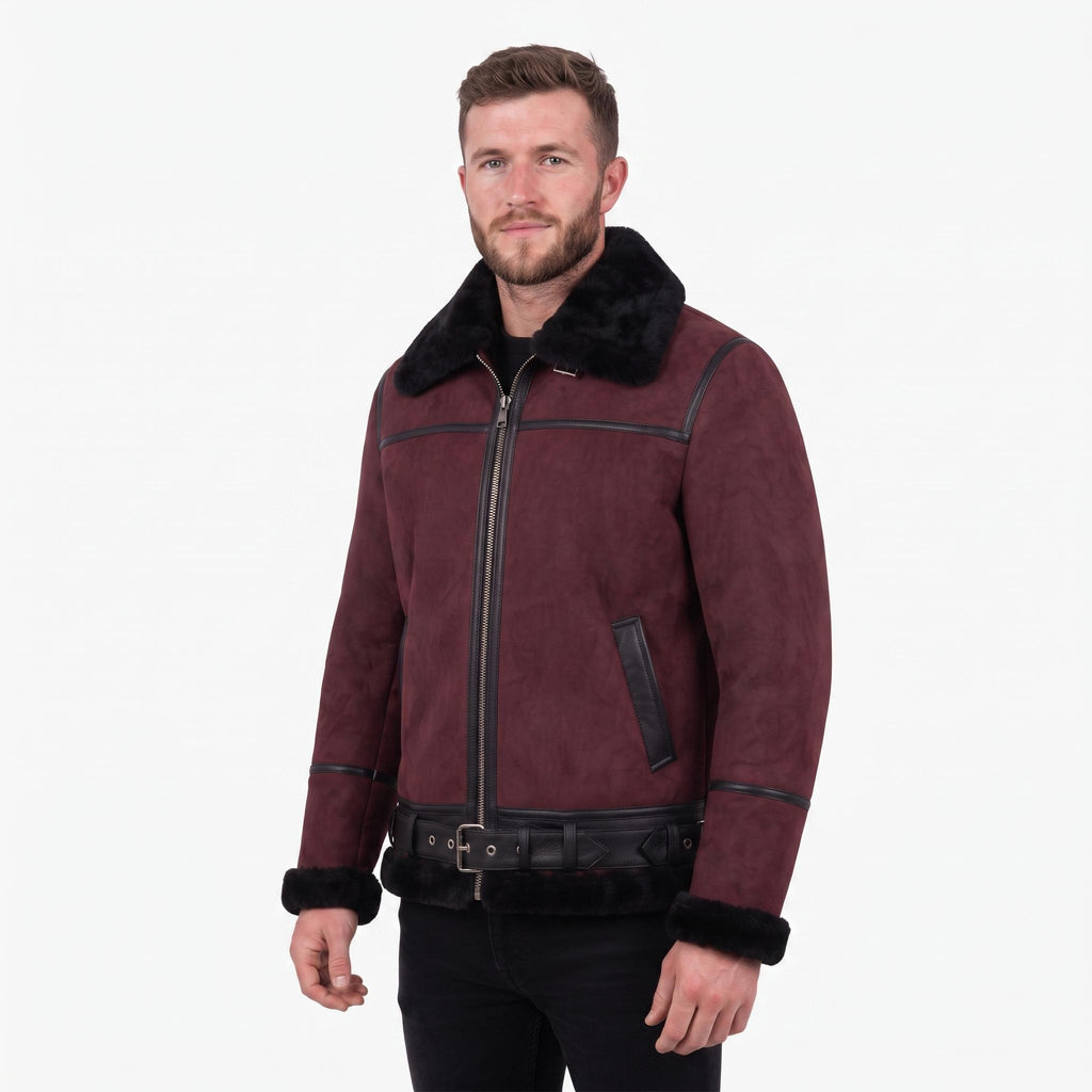 Men's Suede Shearling Aviator Jacket, Brown Leather Trim Biker Style