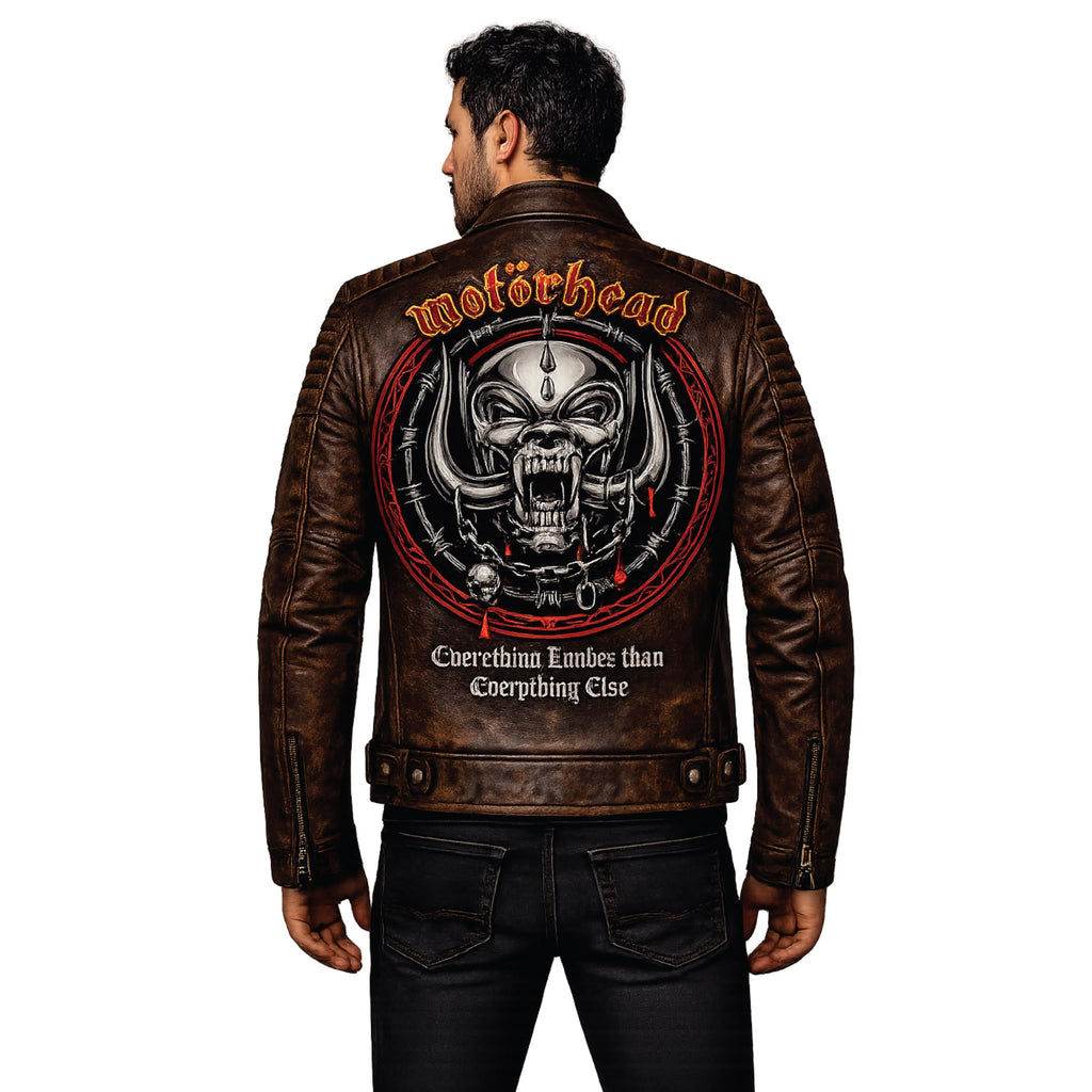Timber&Hide motorcycle jacket with skull back | brown leather biker jacket | vintage moto style