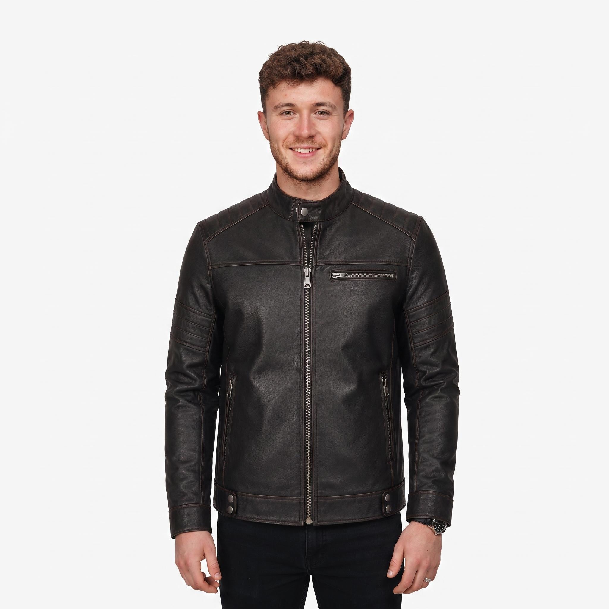 Men's Black Leather Biker Jacket, Sword Flame Graphic Rider Coat