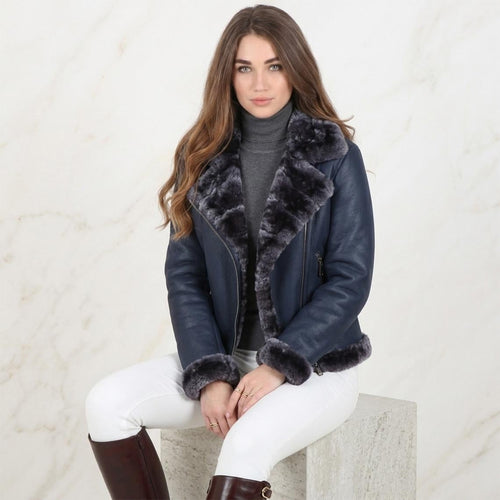 Black Crinkled Leather Aviator Jacket, Plush Shearling Trim Bomber