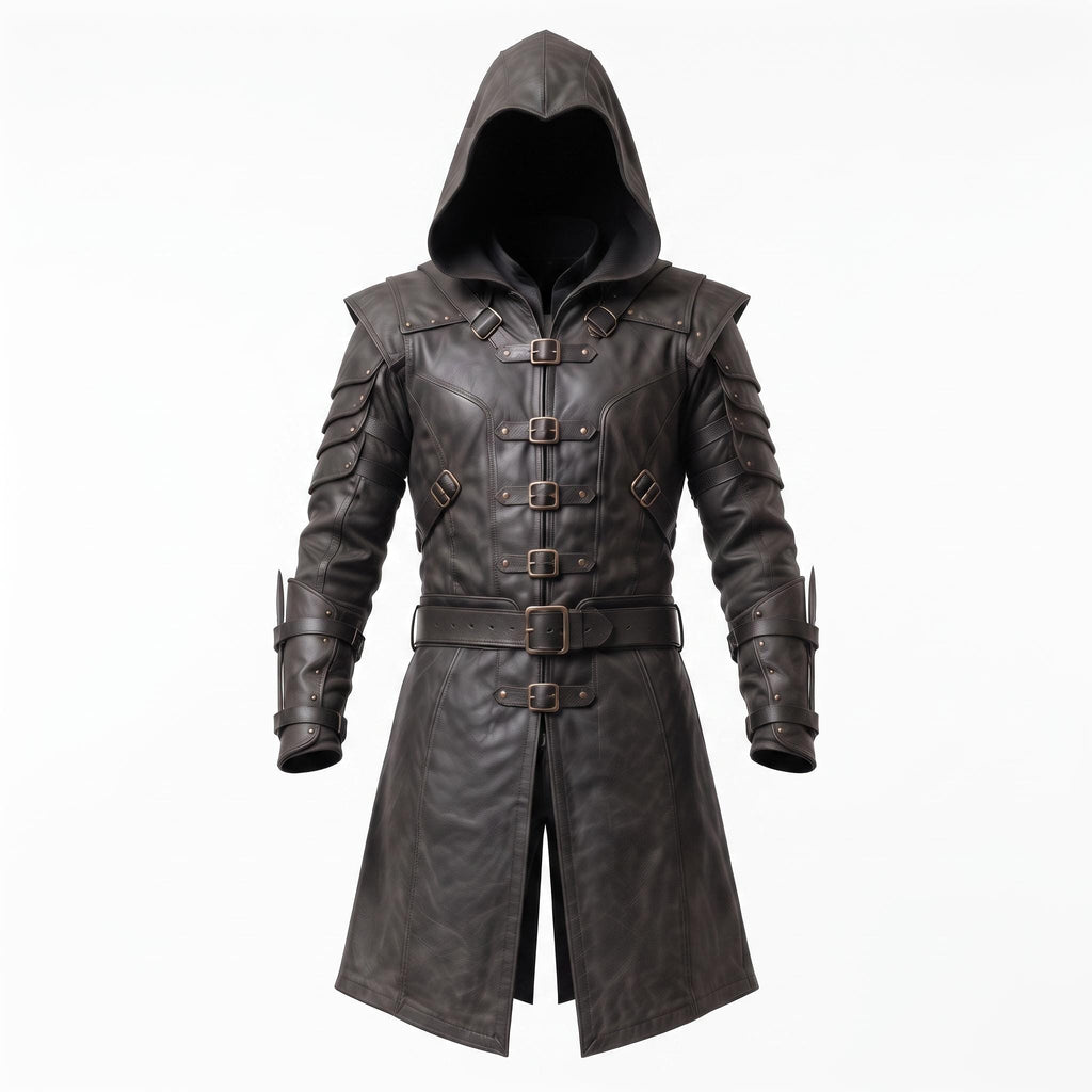 Men's Hooded Leather Assassin Coat | Medieval Ranger Trench LARP Cosplay Jacket