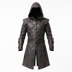 Men's Hooded Leather Assassin Coat | Medieval Ranger Trench LARP Cosplay Jacket