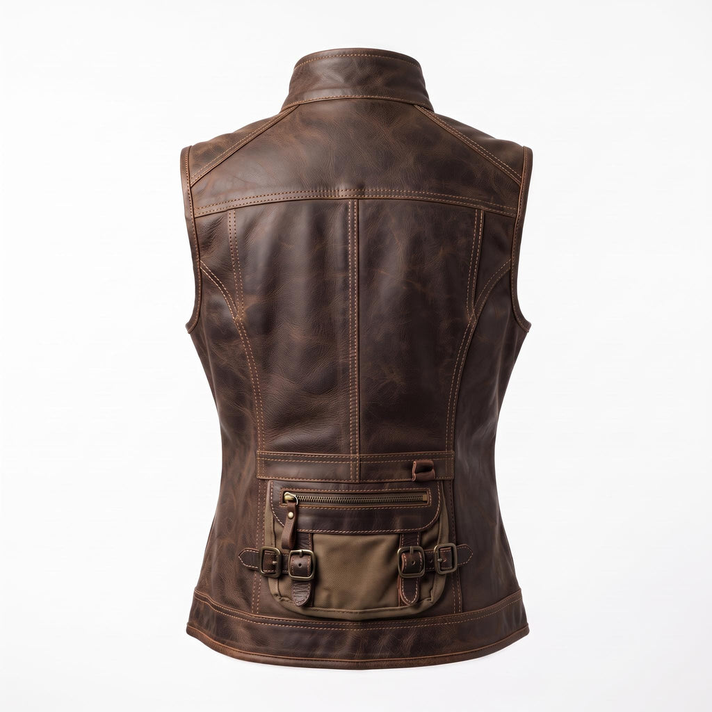 Women's Genuine Leather Utility Vest | Distressed Brown Travel Waistcoat