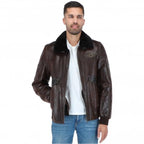 Premium Leather Aviator Jacket with Detachable Collar Black/Cream