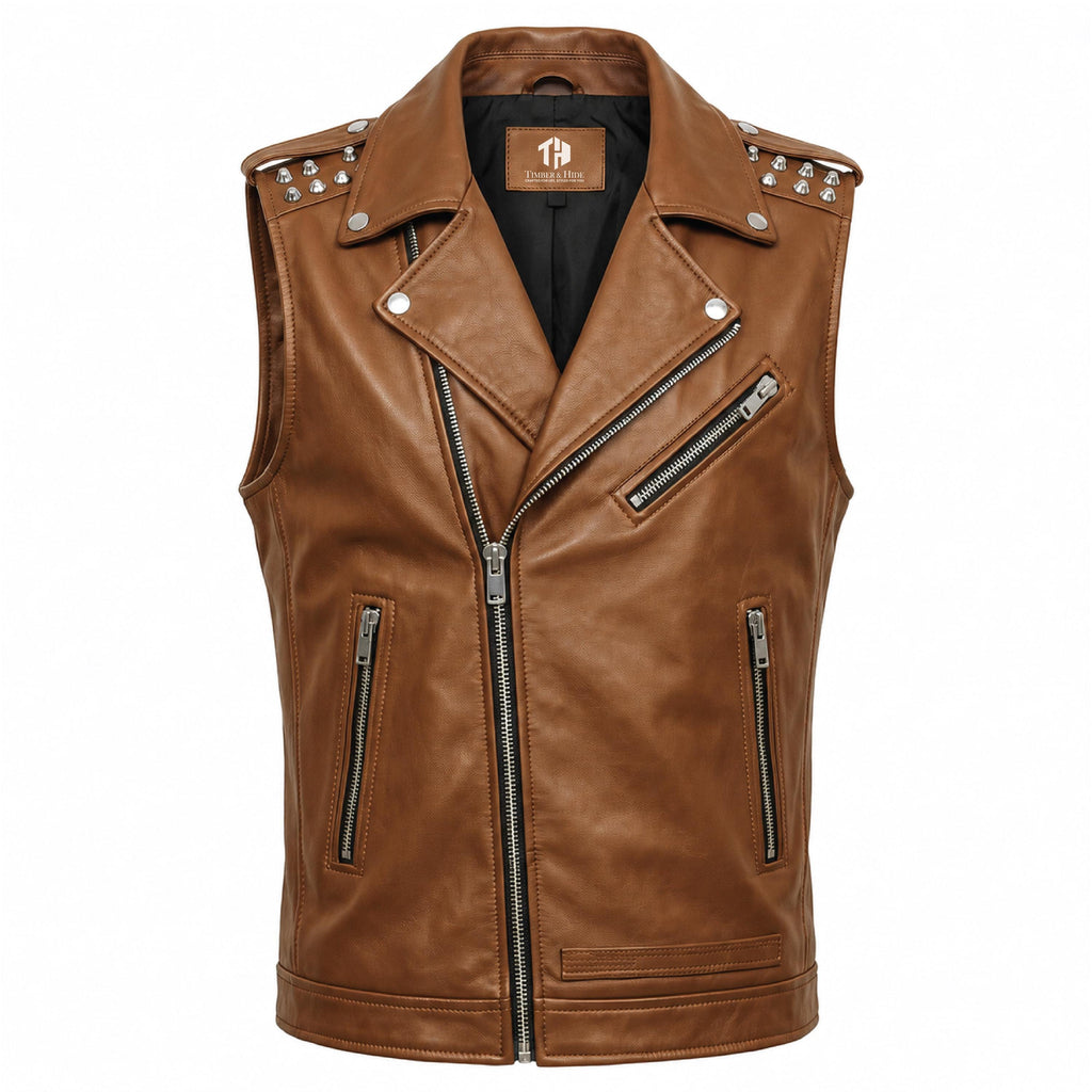 Men's Genuine Leather Biker Vest – Studded Double Rider Motorcycle Jacket