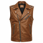 Men's Genuine Leather Biker Vest – Studded Double Rider Motorcycle Jacket