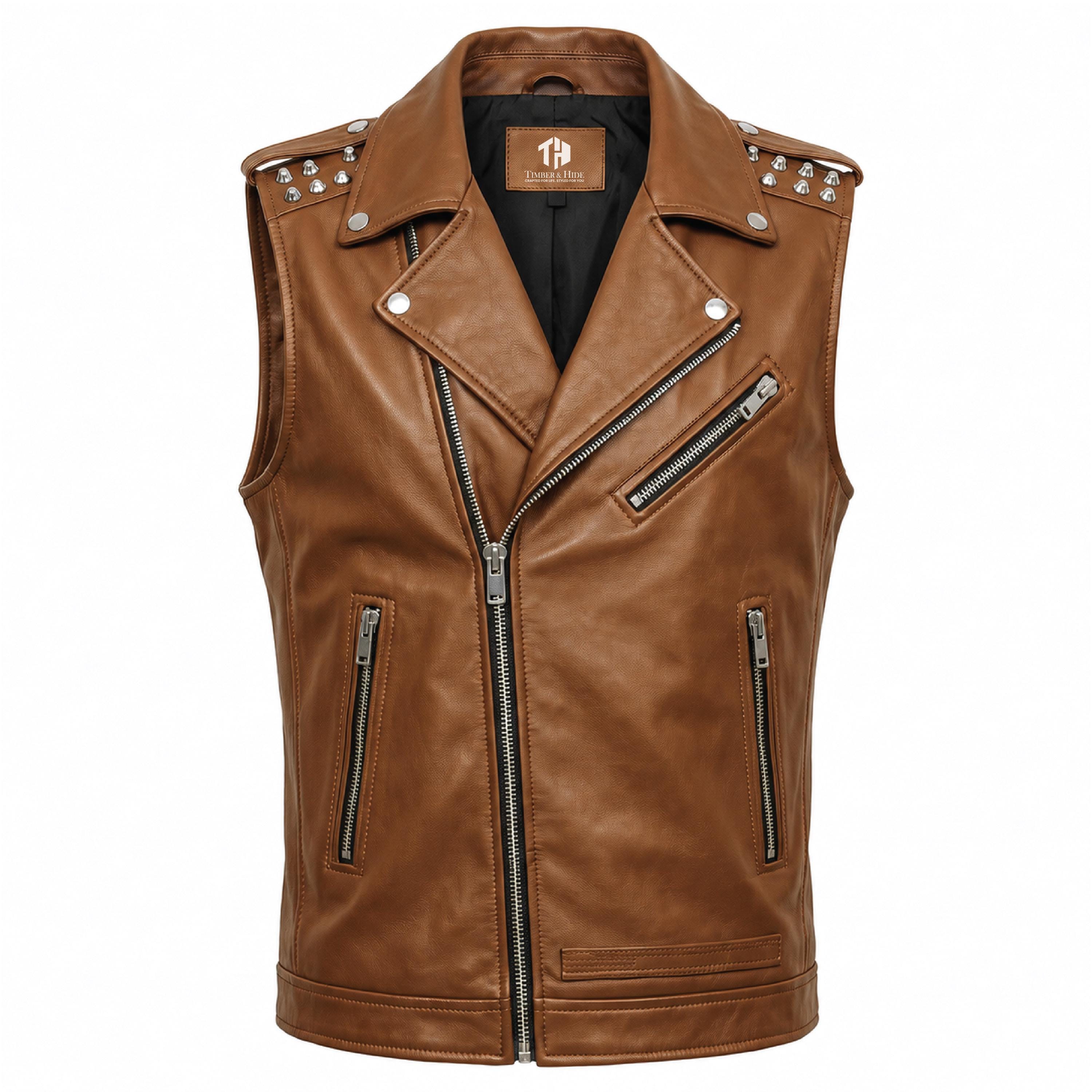 Men's Genuine Leather Biker Vest – Studded Double Rider Motorcycle Jacket
