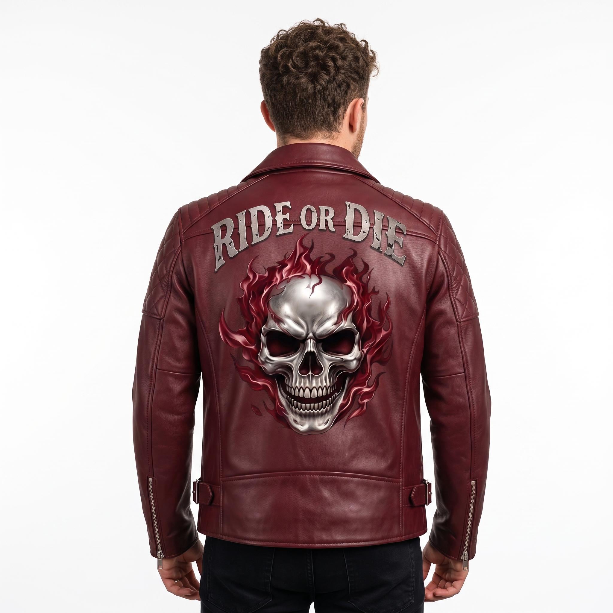 Ghost Rider Inspired Crimson Red Leather Biker Jacket | Flaming Skull Graphic, Ride or Die