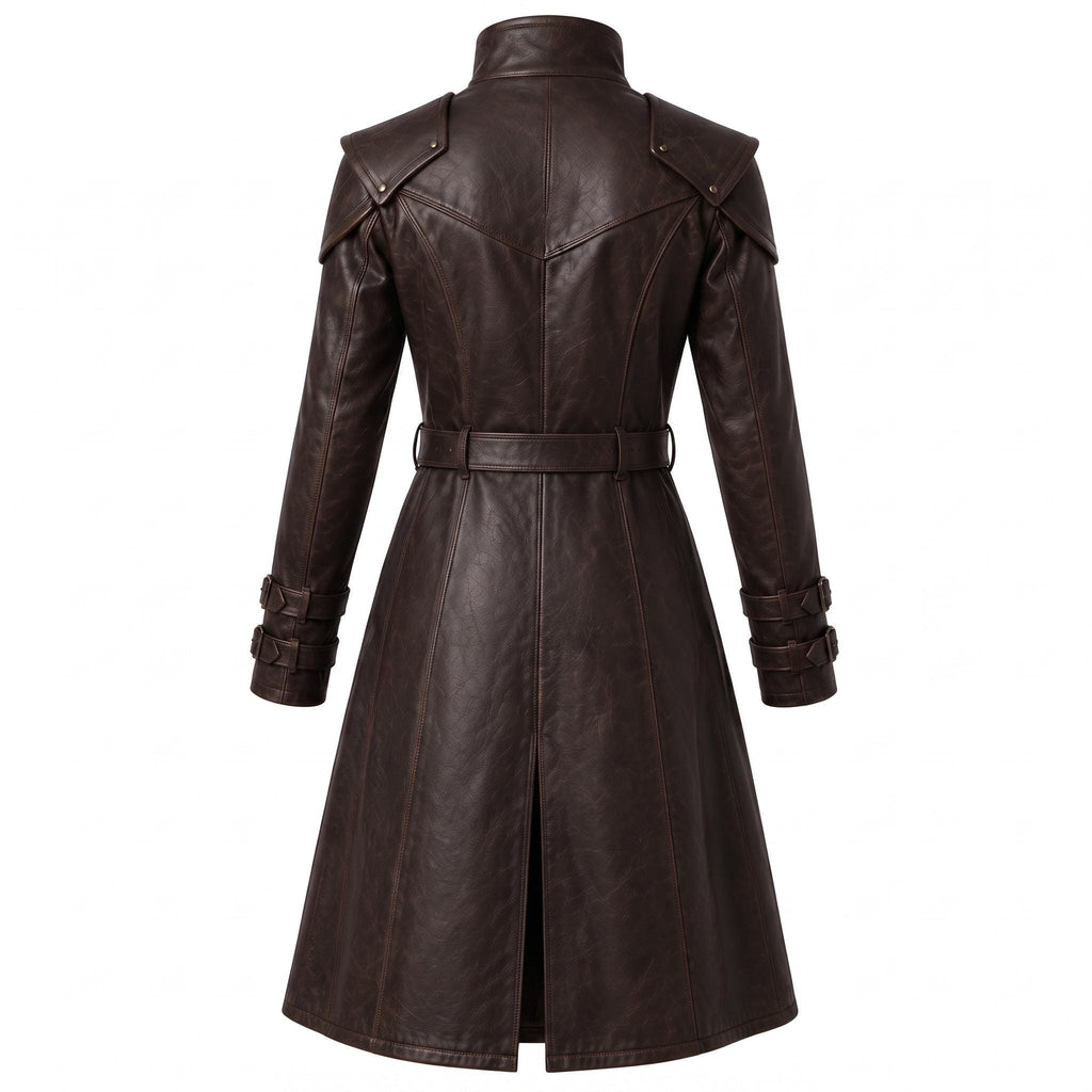 Brown Leather Trench Coat | Medieval Gothic Long Overcoat, Belted Fantasy Jacket