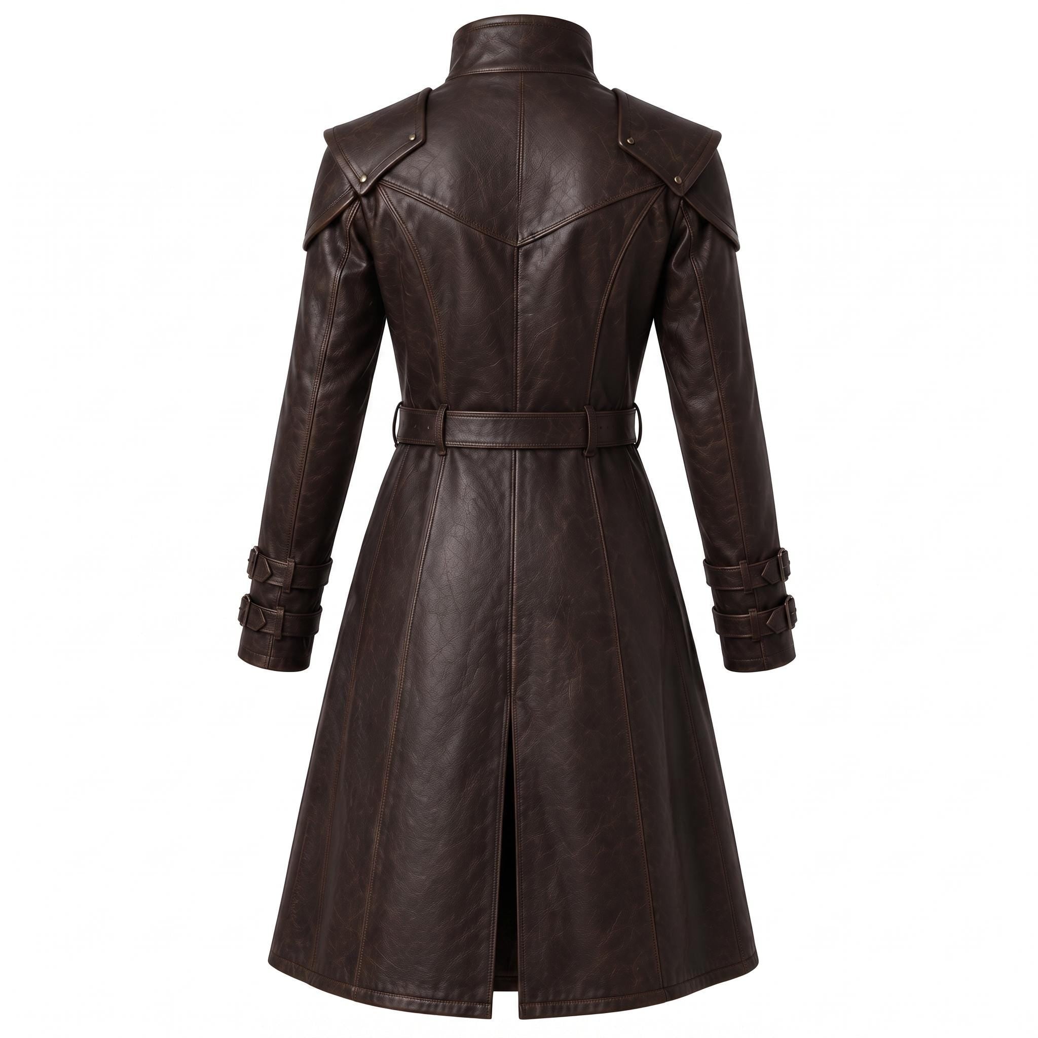 Brown Leather Trench Coat | Medieval Gothic Long Overcoat, Belted Fantasy Jacket