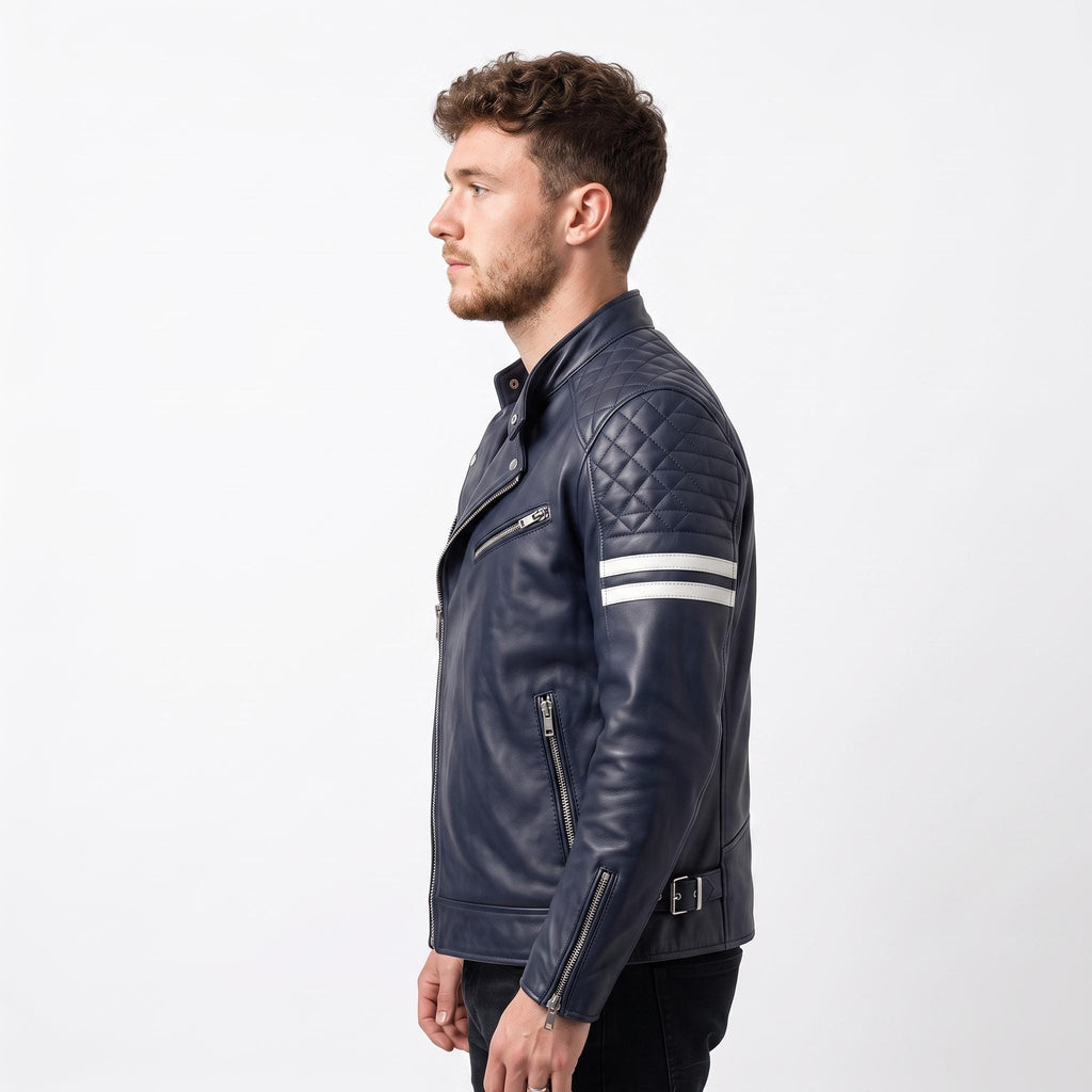 Vintage Royal Blue Leather Biker Jacket | Flaming Skull Back Graphic