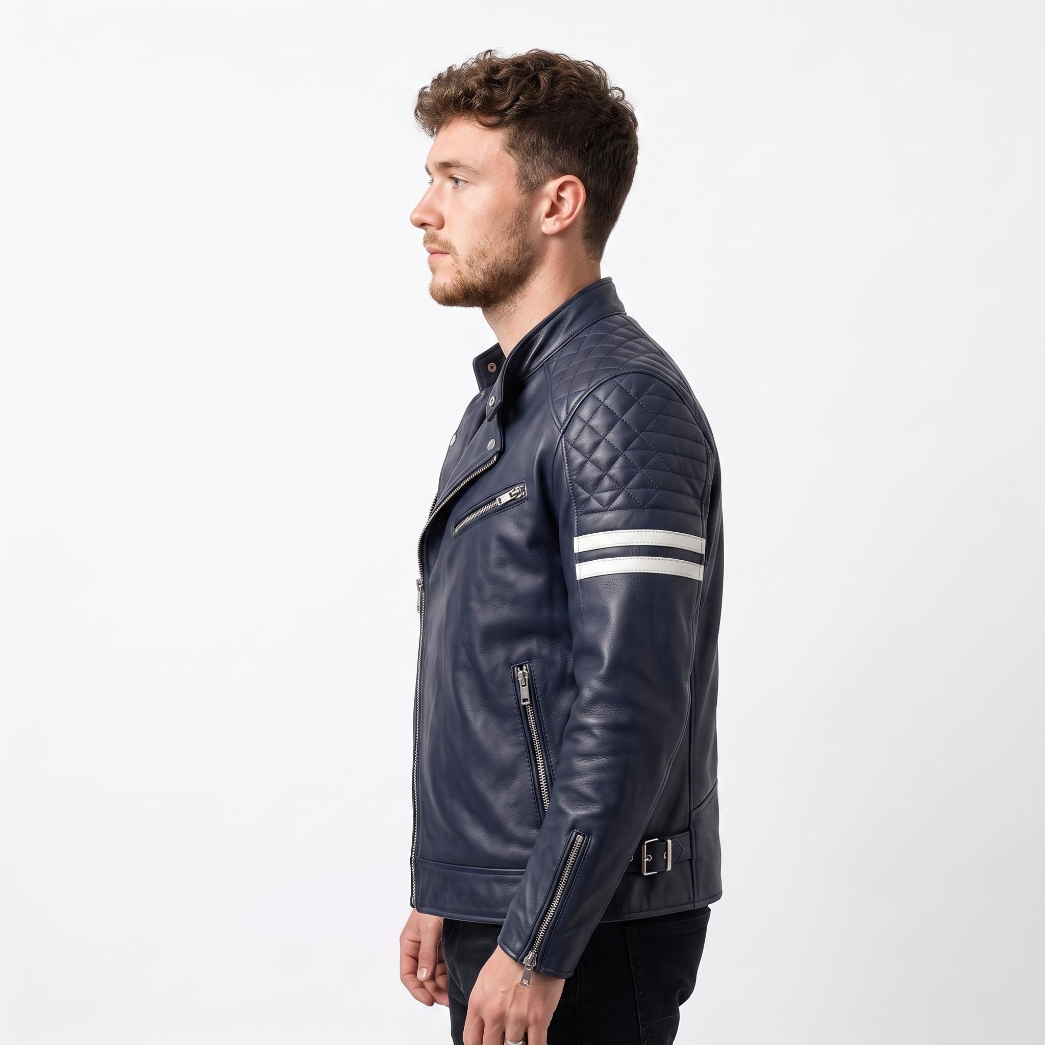 Vintage Royal Blue Leather Biker Jacket | Flaming Skull Back Graphic