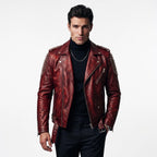 Timber&Hide Men's Crimson red Leather Biker Jacket | Studded Punk Rock Demon Skull Design