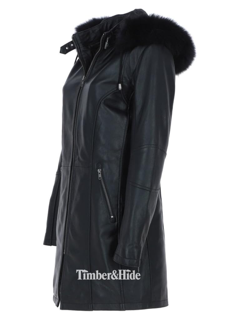 Women's Detachable Fur Hood 3/4 Leather Jacket.