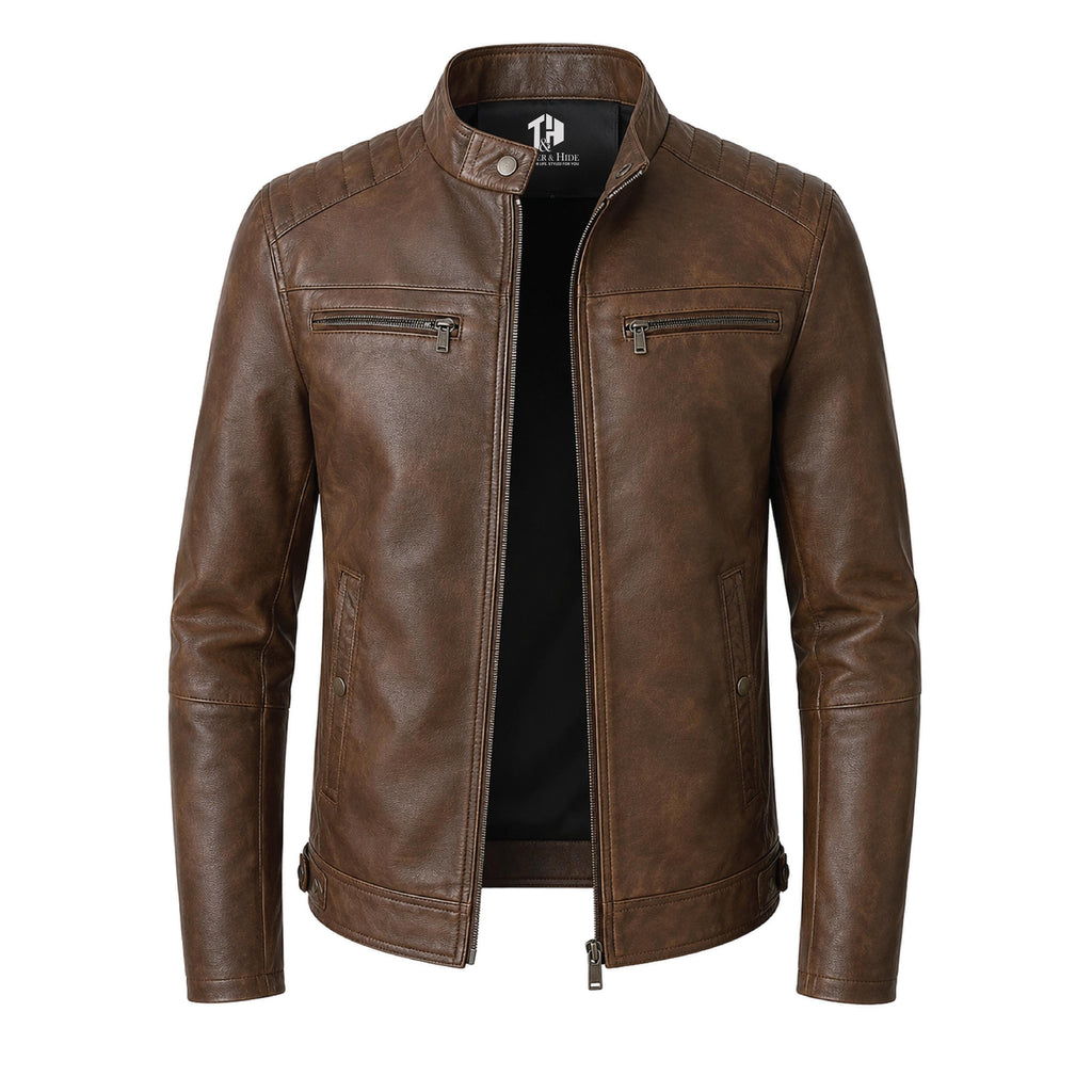 Men's Skull Motorcycle Leather Jacket, Biker Rider Coat, Gothic Punk Streetwear Green