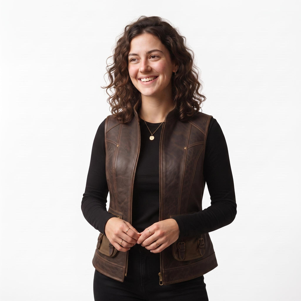 Women's Genuine Leather Utility Vest | Distressed Brown Travel Waistcoat