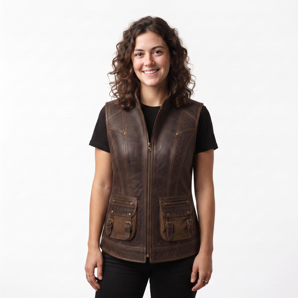 Women's Genuine Leather Utility Vest | Distressed Brown Travel Waistcoat