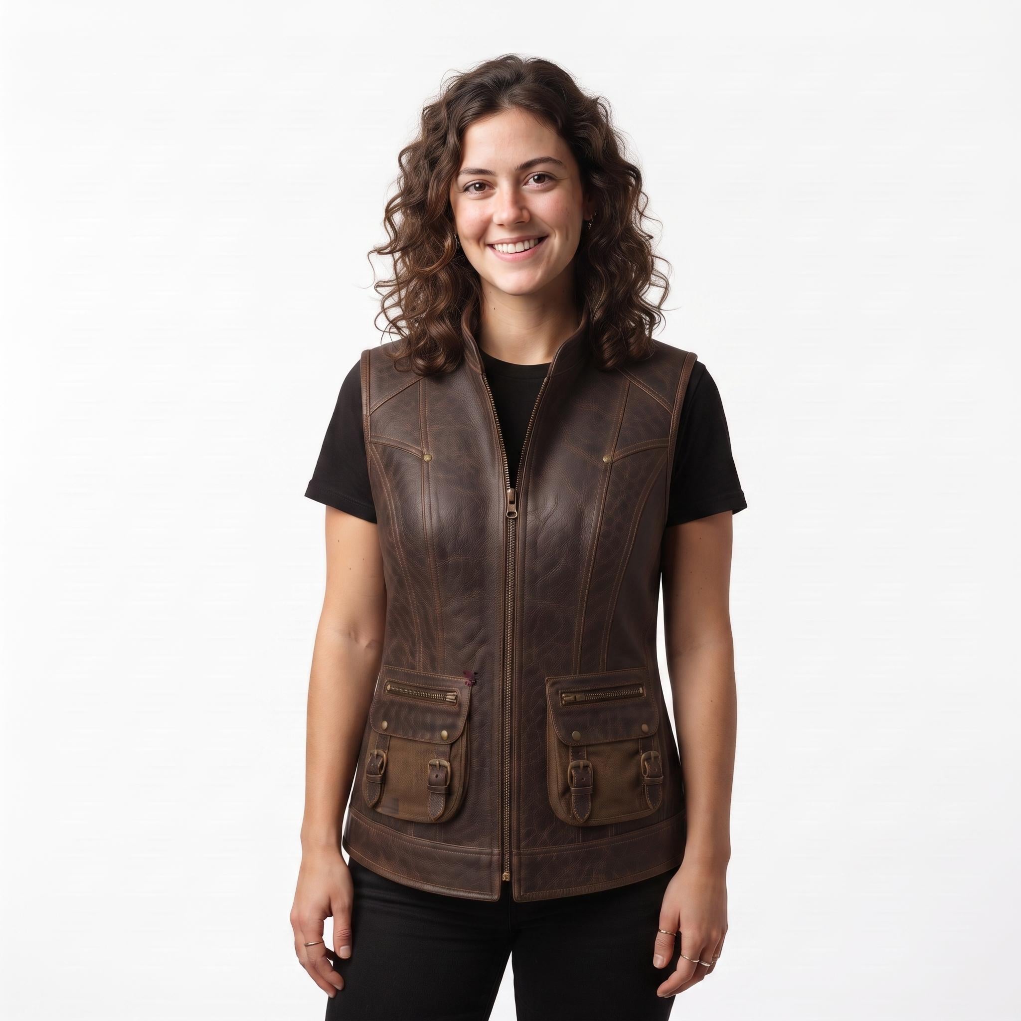 Women's Genuine Leather Utility Vest | Distressed Brown Travel Waistcoat