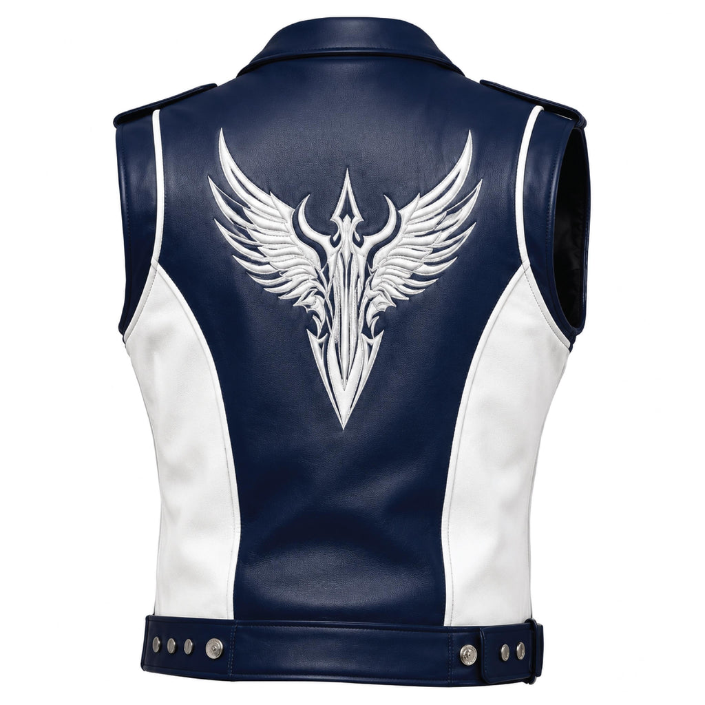 Men's Blue White Leather Biker Vest | Phoenix Print Motorcycle Riding Waistcoat