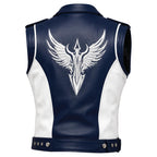 Men's Blue White Leather Biker Vest | Phoenix Print Motorcycle Riding Waistcoat