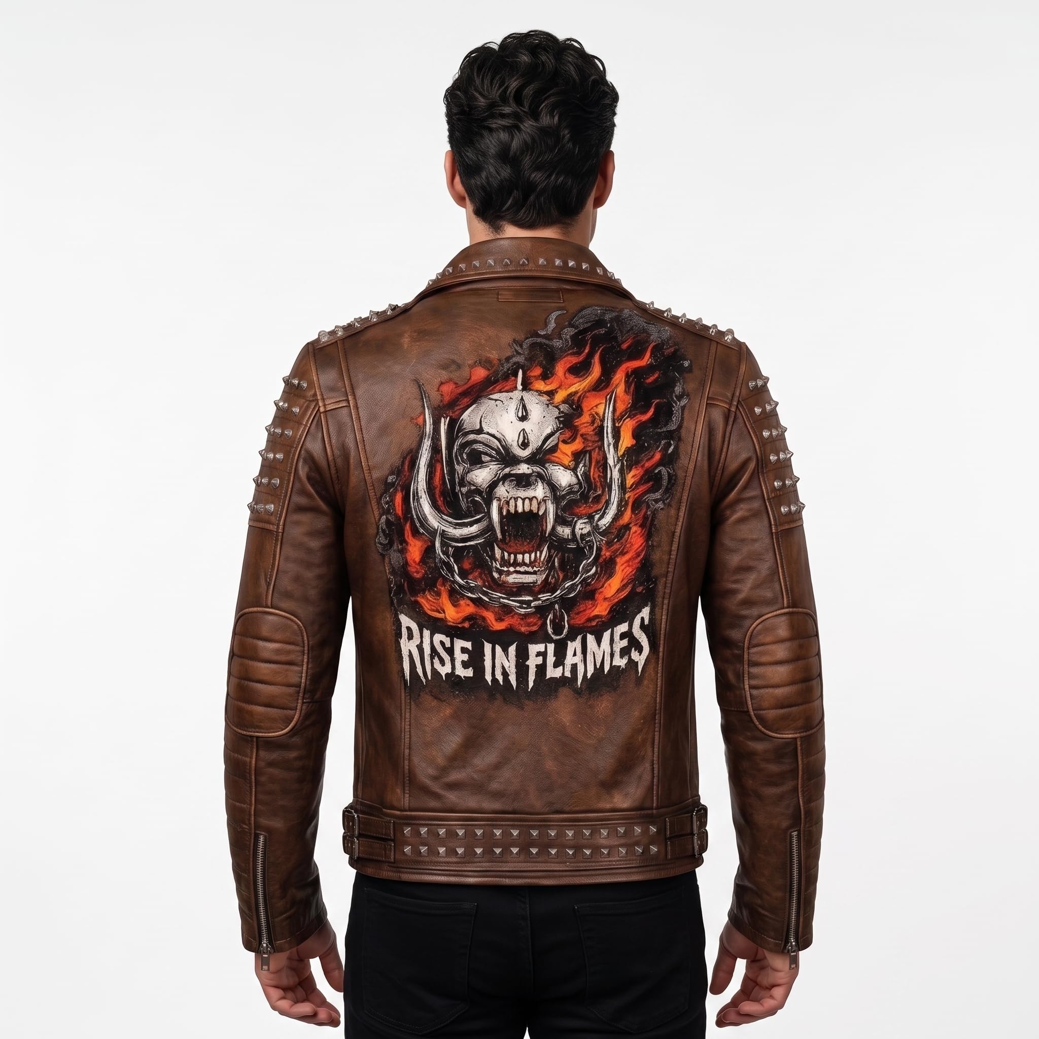 Timber&Hide Handmade Men's Black Leather Studded Biker Jacket | Custom Demon Skull Punk Rock Design