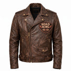 Road King Vintage Leather Jacket - Winged Skull & "Ride to Live" Biker Design