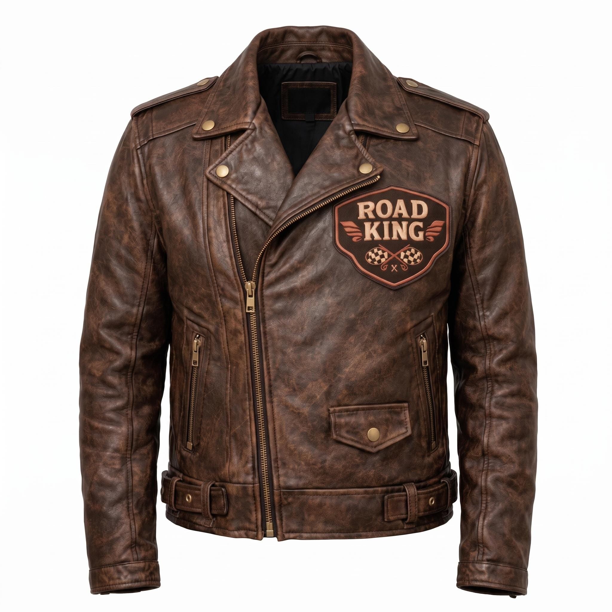 Road King Vintage Leather Jacket - Winged Skull & "Ride to Live" Biker Design