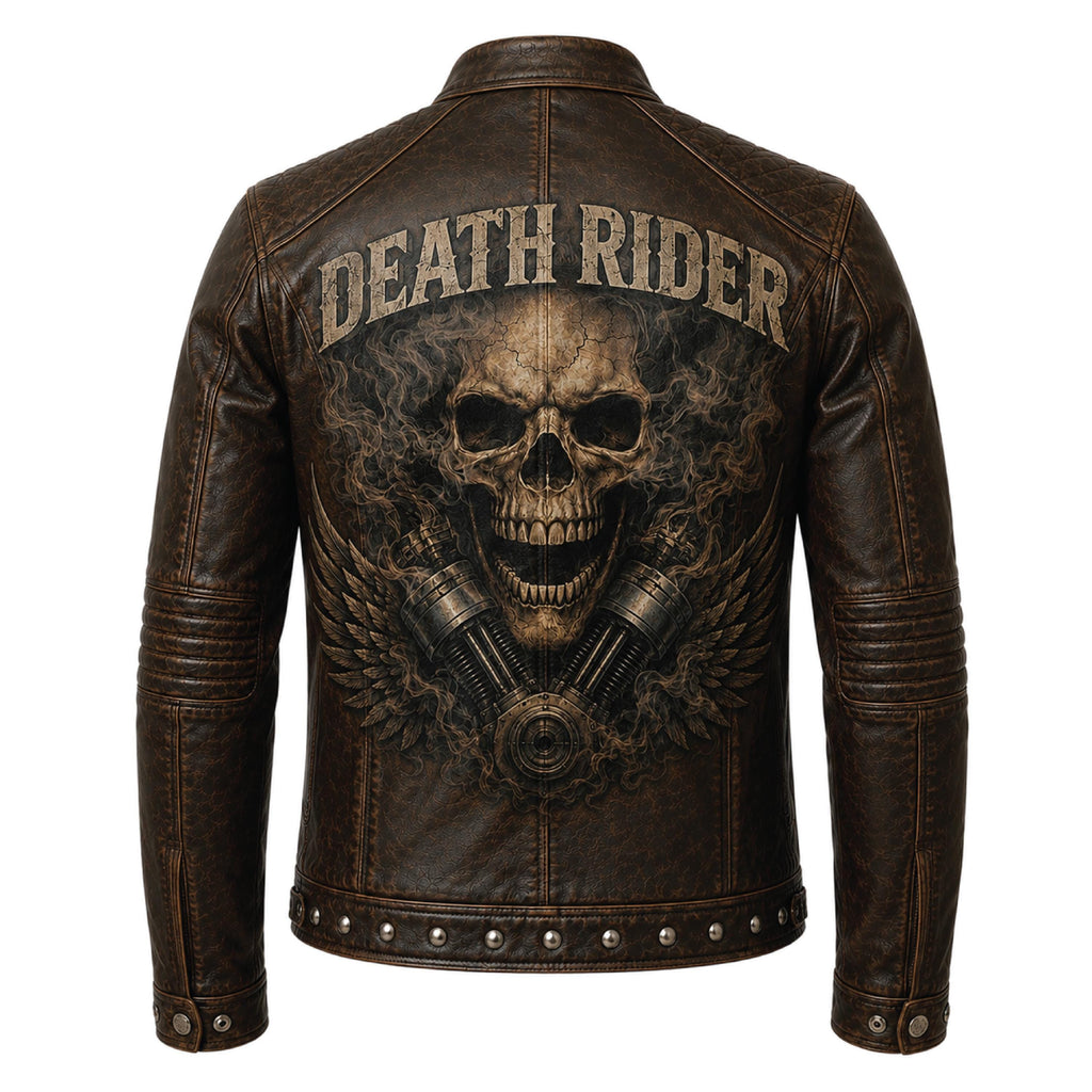Men's Embossed Leather Motorcycle Jacket, Skull Biker Moto Coat, Gothic Punk Streetwear Gear