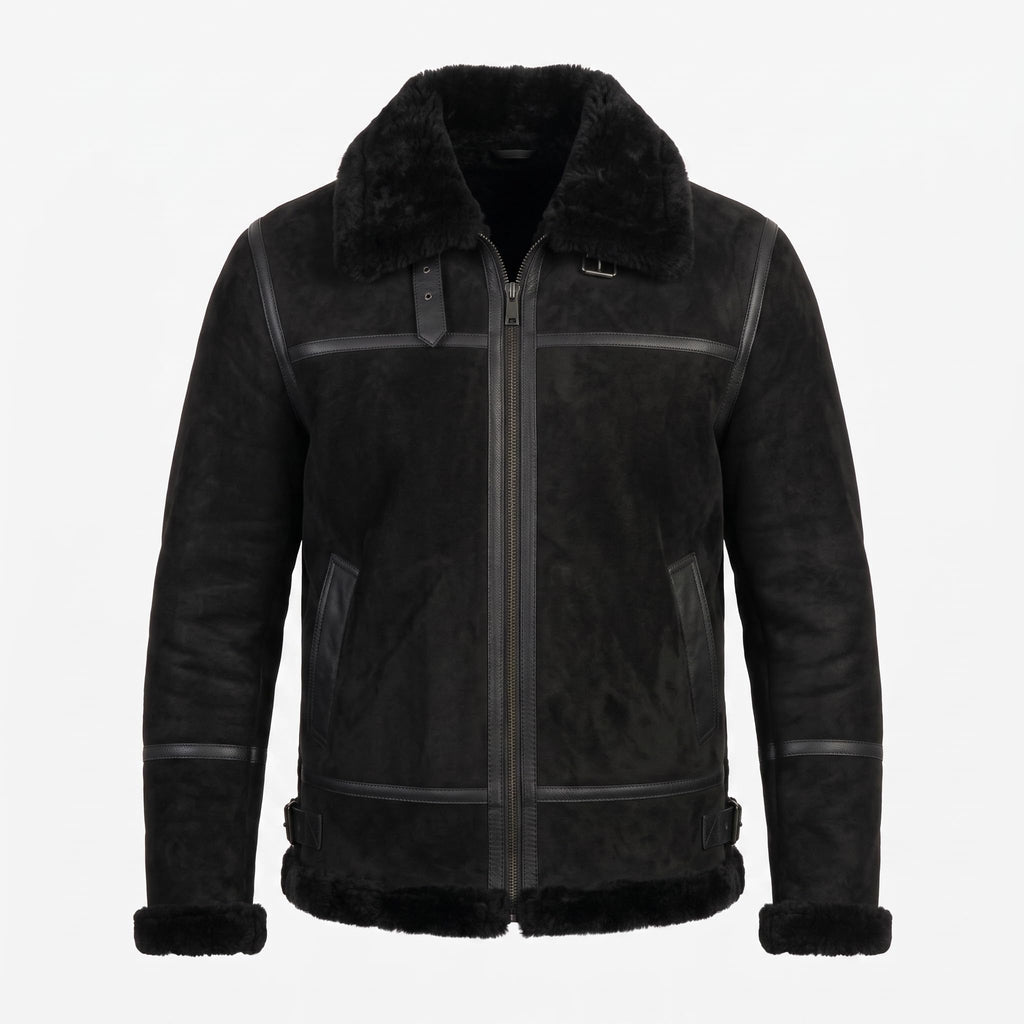 Timber&Hide Black Suede Lamb Shearling Biker Jacket with Buckle Collar – Premium Suede Shearling Jacket