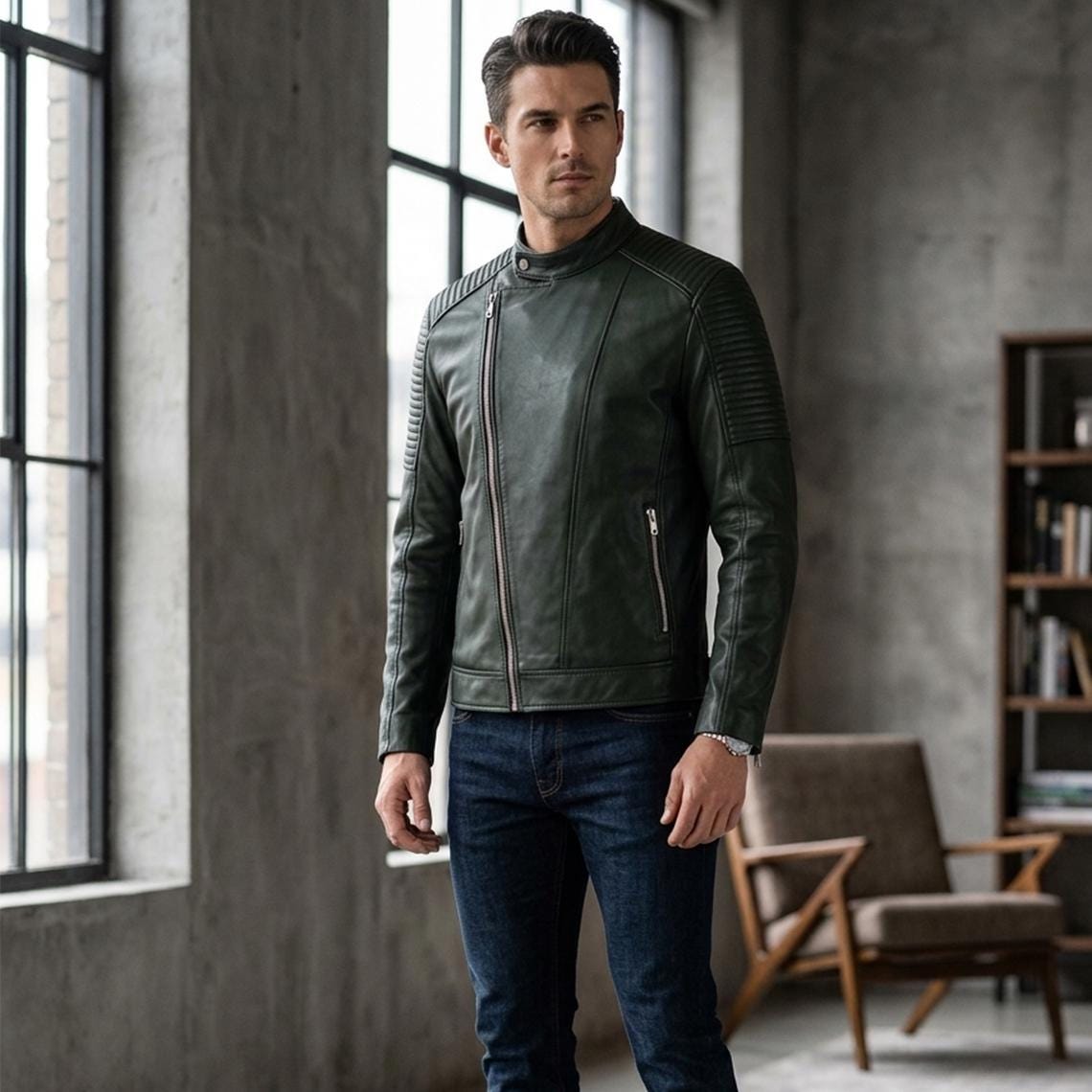 Classic men’s leather biker jacket | slim fit | minimalist moto rider Jacket