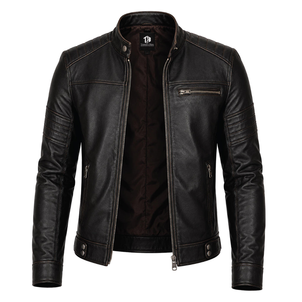 Men's Black Leather Biker Jacket, Sword Flame Graphic Rider Coat
