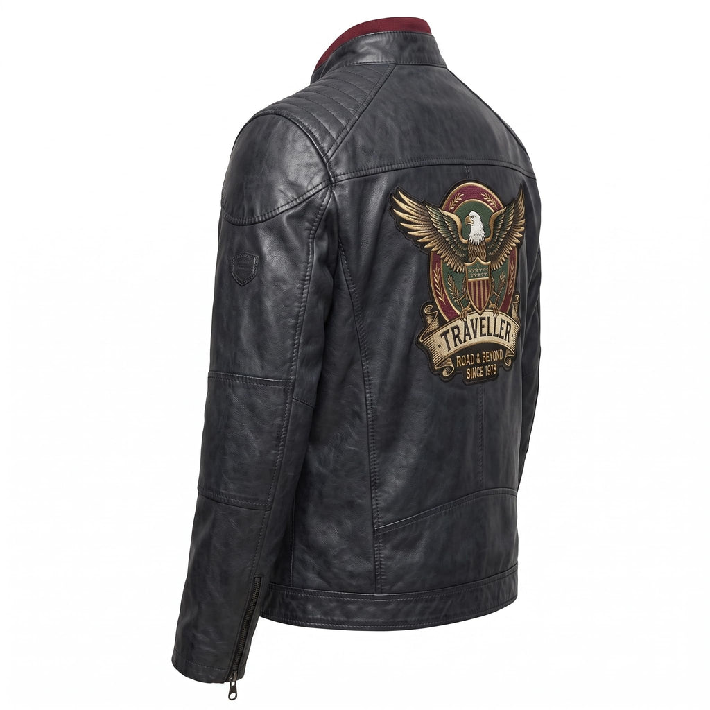 Men's Genuine Leather Black Biker Jacket with Eagle Back Patch, Handmade Vintage Cafe Racer Motorcycle Jacket
