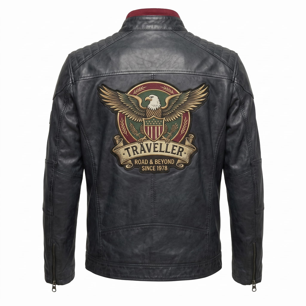 Men's Genuine Leather Black Biker Jacket with Eagle Back Patch, Handmade Vintage Cafe Racer Motorcycle Jacket
