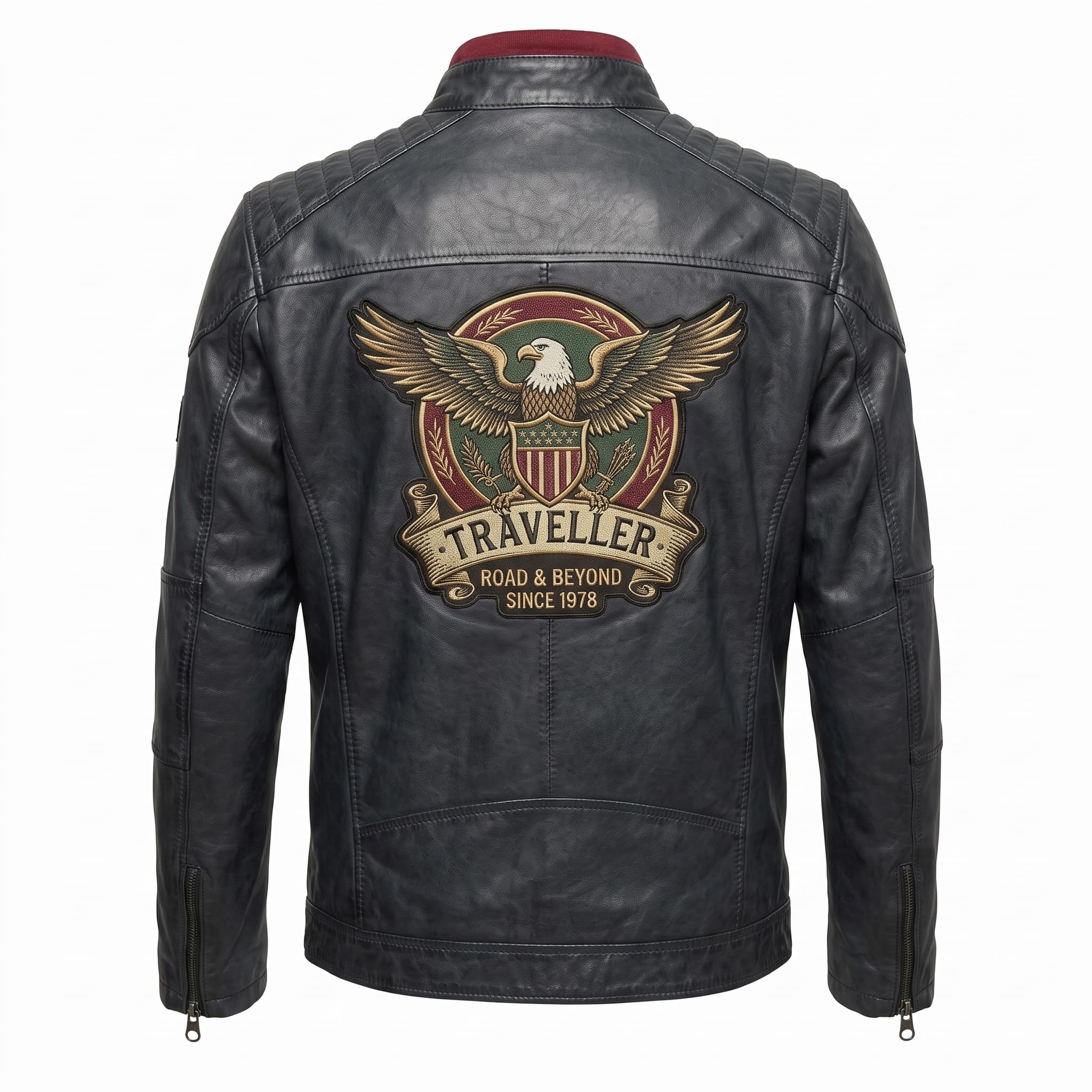 Men's Genuine Leather Black Biker Jacket with Eagle Back Patch, Handmade Vintage Cafe Racer Motorcycle Jacket