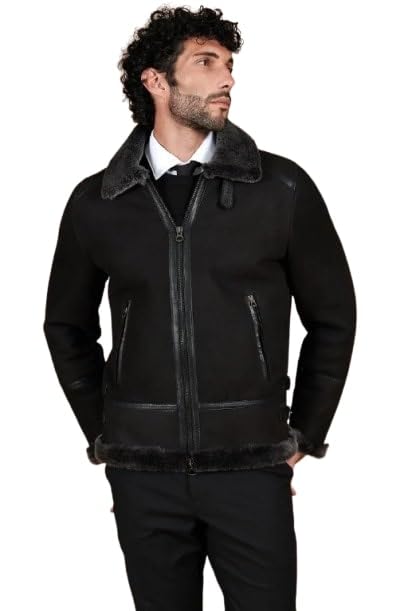Timber&Hide Peter Black Suede Lamb Shearling Biker Jacket with Buckle Collar – Suede Shearling Jacket