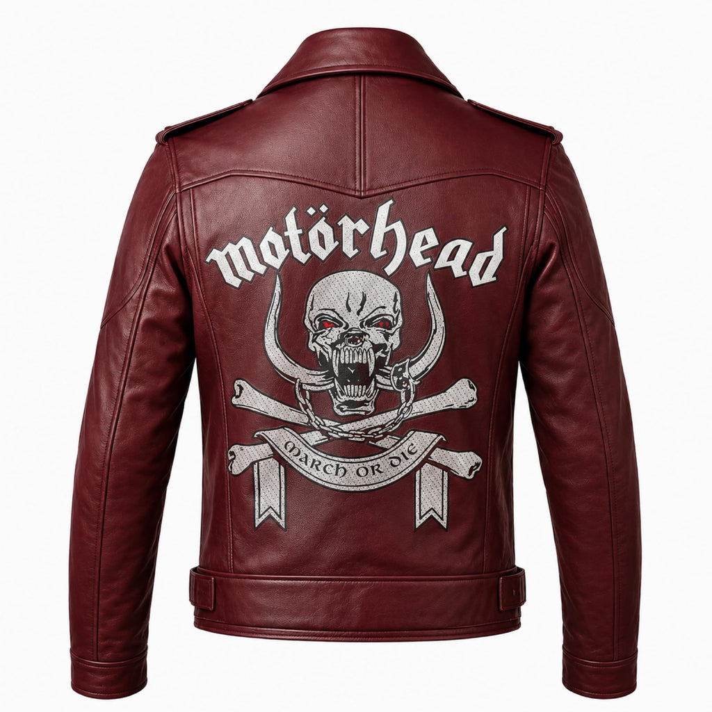 Timber&Hide Motorhead Inspired Leather Biker Jacket | Skull Printed Leather Jacket | Men's Burgundy Leather Motorcycle Jacket