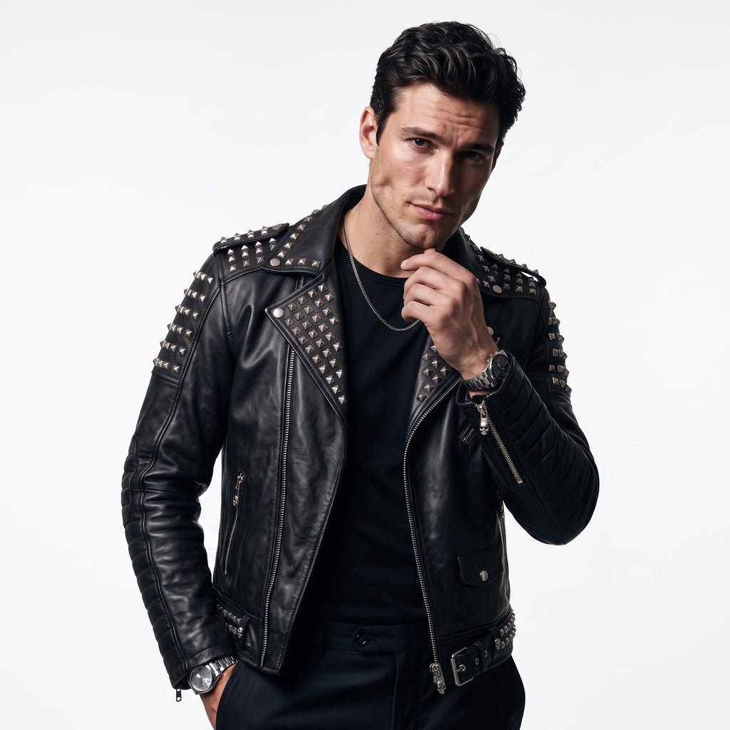 Timber&Hide Handmade Men's Black Leather Studded Biker Jacket | Custom Demon Skull Punk Rock Design