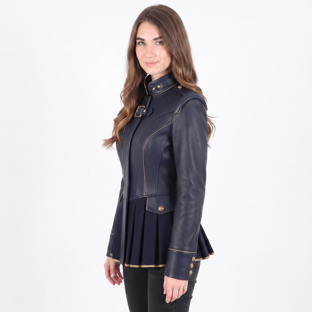 Navy Blue Leather Peplum Jacket: Victorian Military Officer Style Blazer
