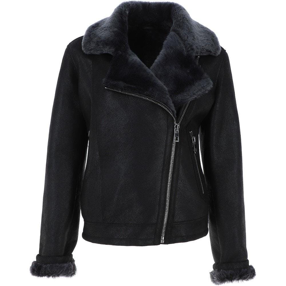 Black Crinkled Leather Aviator Jacket, Plush Shearling Trim Bomber