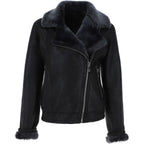 Black Crinkled Leather Aviator Jacket, Plush Shearling Trim Bomber