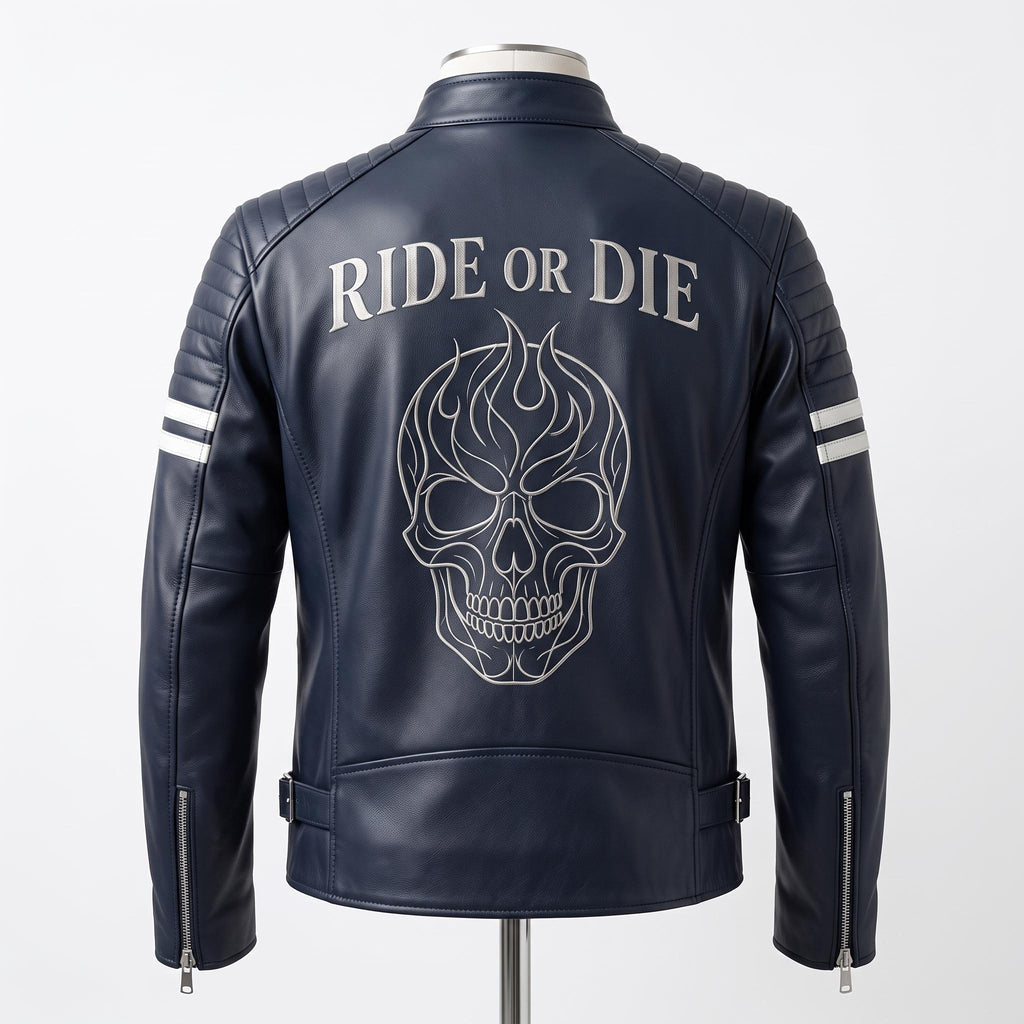 Vintage Royal Blue Leather Biker Jacket | Flaming Skull Back Graphic