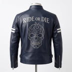 Vintage Royal Blue Leather Biker Jacket | Flaming Skull Back Graphic