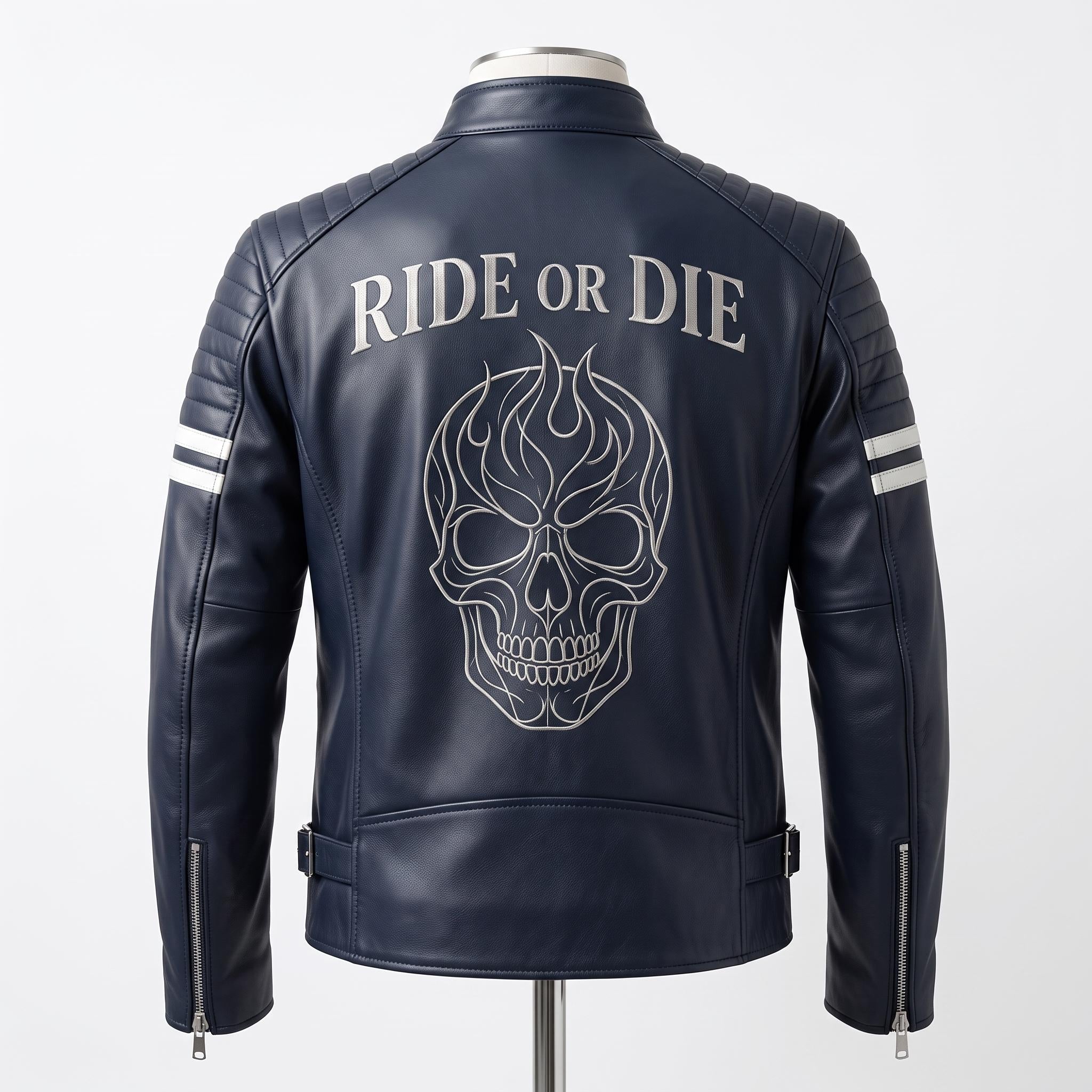 Vintage Royal Blue Leather Biker Jacket | Flaming Skull Back Graphic