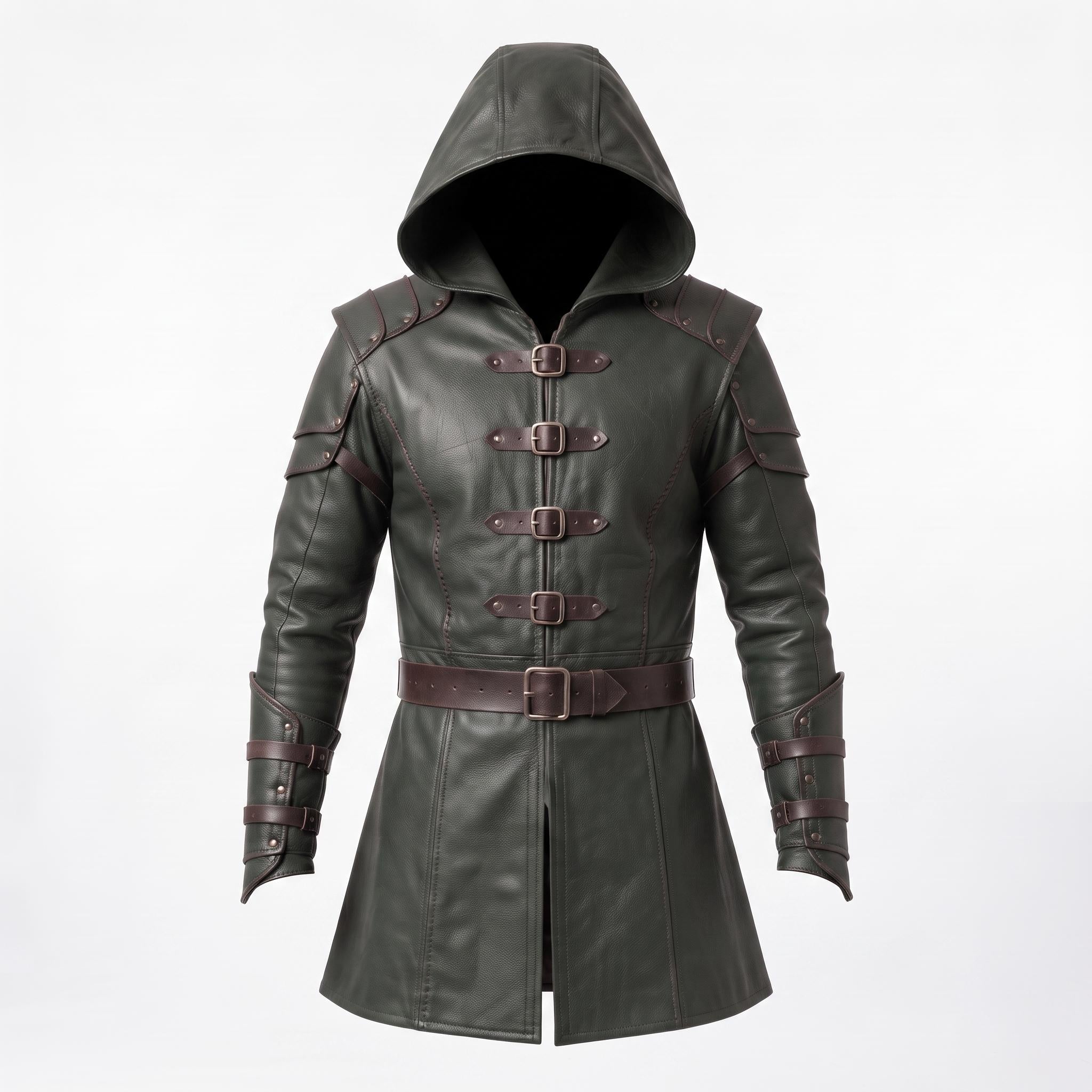 Men's Hooded Leather Assassin Coat: Dark Fantasy Ranger Trench Jacket