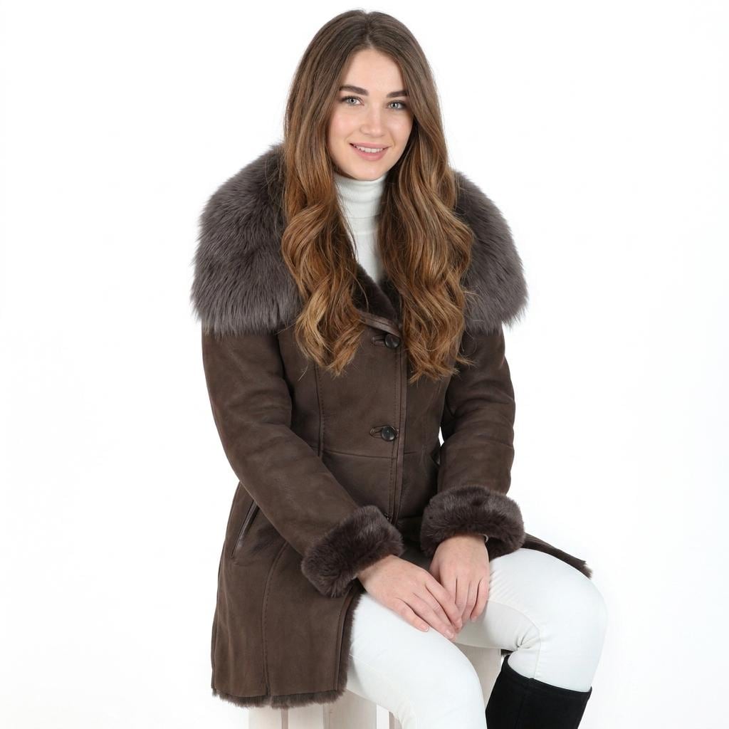 Women's Brown Shearling Leather Jacket, Faux Fur Collar Winter Coat