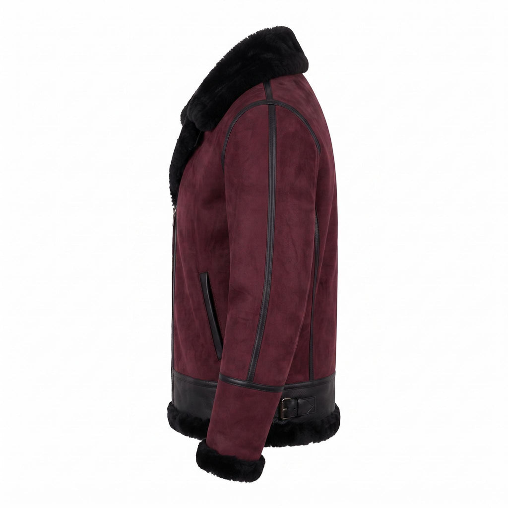 Men's Suede Shearling Aviator Jacket, Brown Leather Trim Biker Style
