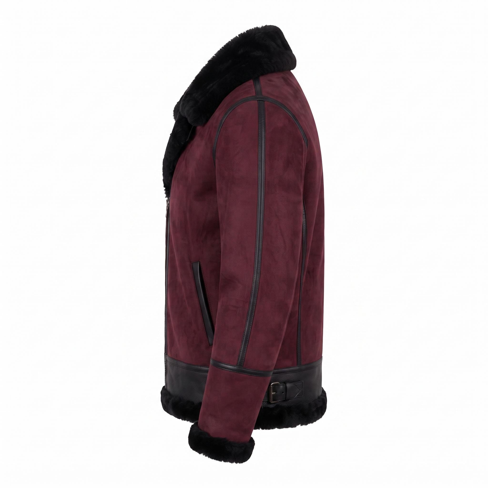 Men's Suede Shearling Aviator Jacket, Brown Leather Trim Biker Style