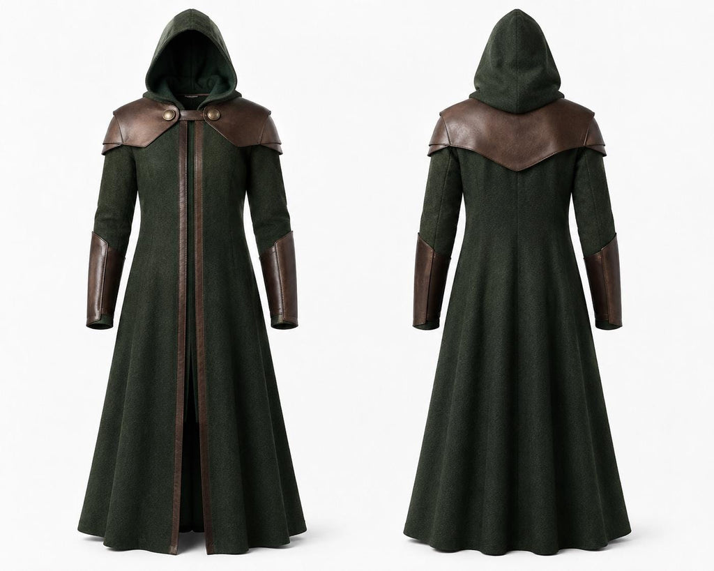 Doctor Doom Inspired Wool Coat with Leather Armor, Hooded Fantasy Cosplay Jacket