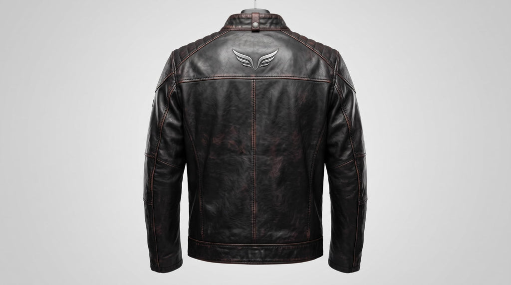 Men's Genuine Leather Black Biker Jacket with Eagle Back Patch, Handmade Vintage Cafe Racer Motorcycle Jacket